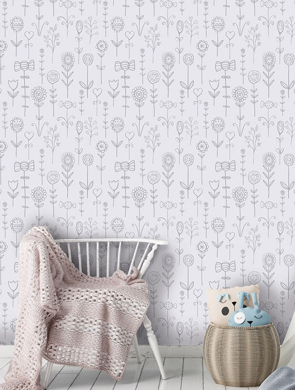 Getekende bloemen print behang