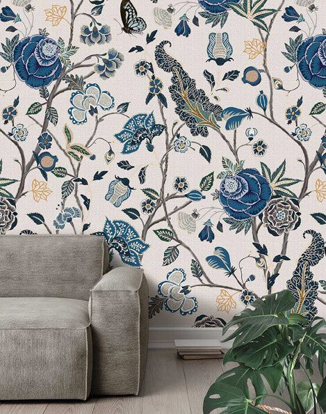 Behang blauw bloemen