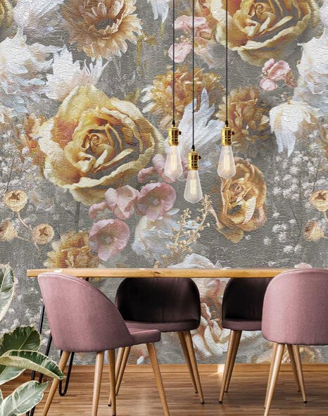 Behang bloemen goud