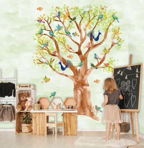 Vogeltjes boom behang