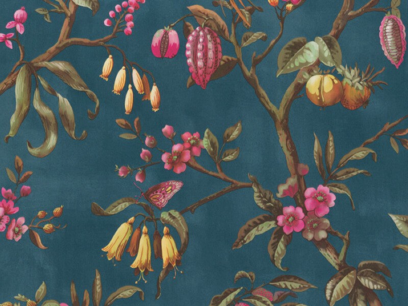 Behang donkerblauw bloemen