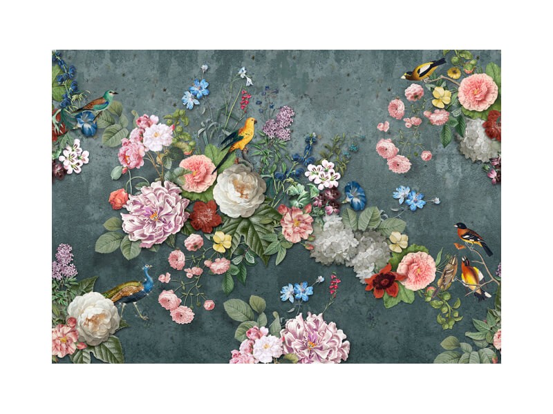 Behang vogels en bloemen donker