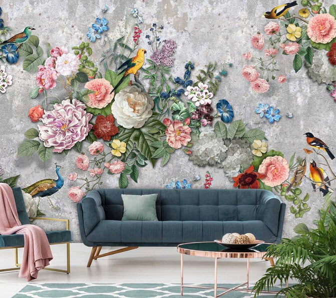 Behang vogels en bloemen