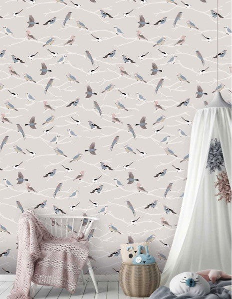 Vogeltjes behang grijs