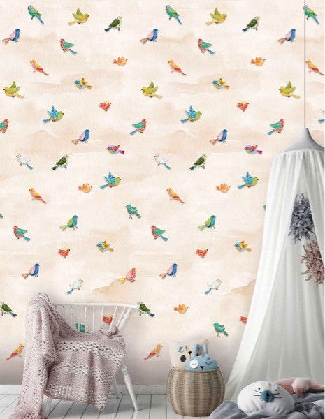 Vogeltjes behang oranje