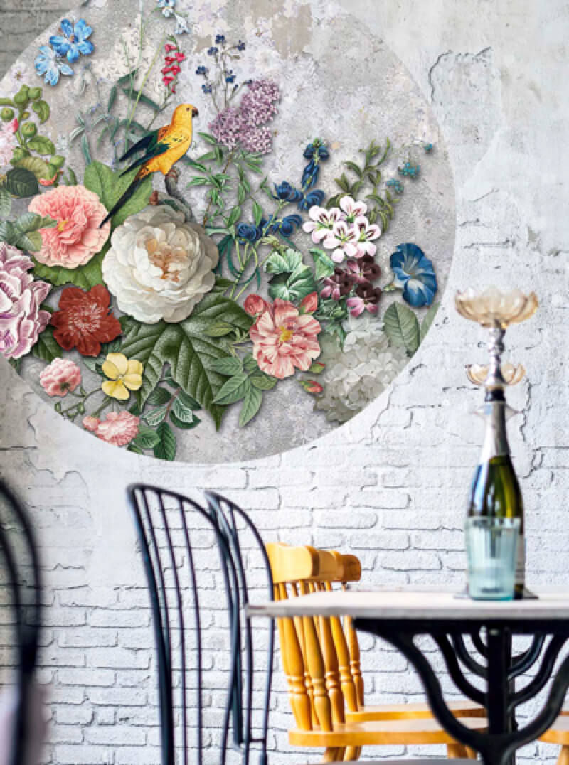 Behangcirkel vogels met bloemen grijs
