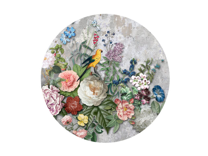 Behangcirkel vogels met bloemen grijs