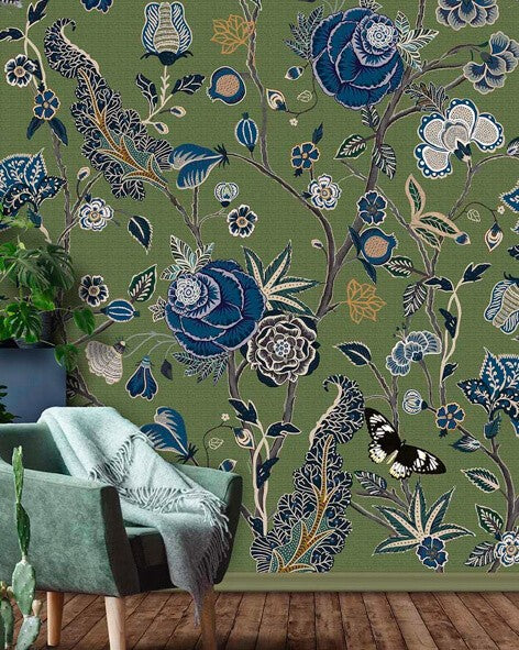 Bloemen behang groen