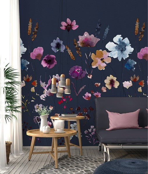 Blauw bloemen behang
