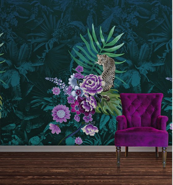 Donkerblauw jungle behang