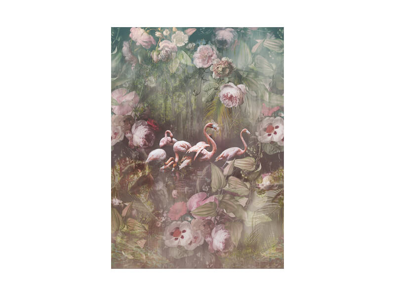 Flamingo behang met bloemen groen