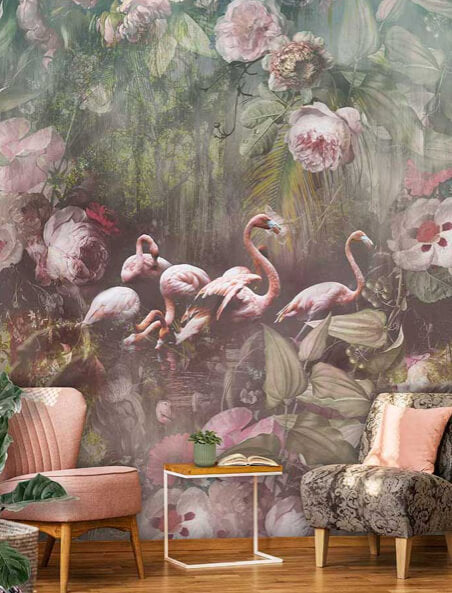 Flamingo behang met bloemen groen