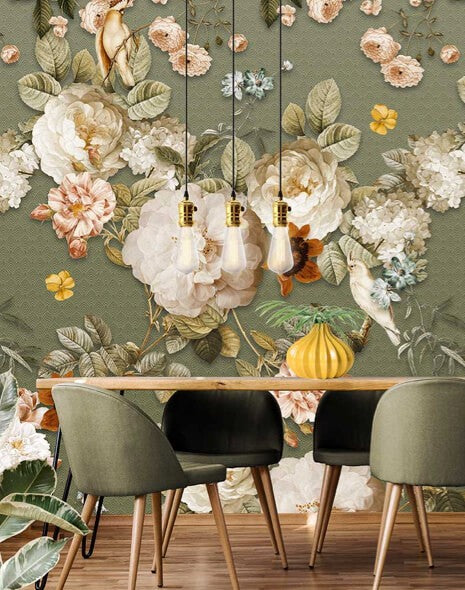 Groen bloemen behang