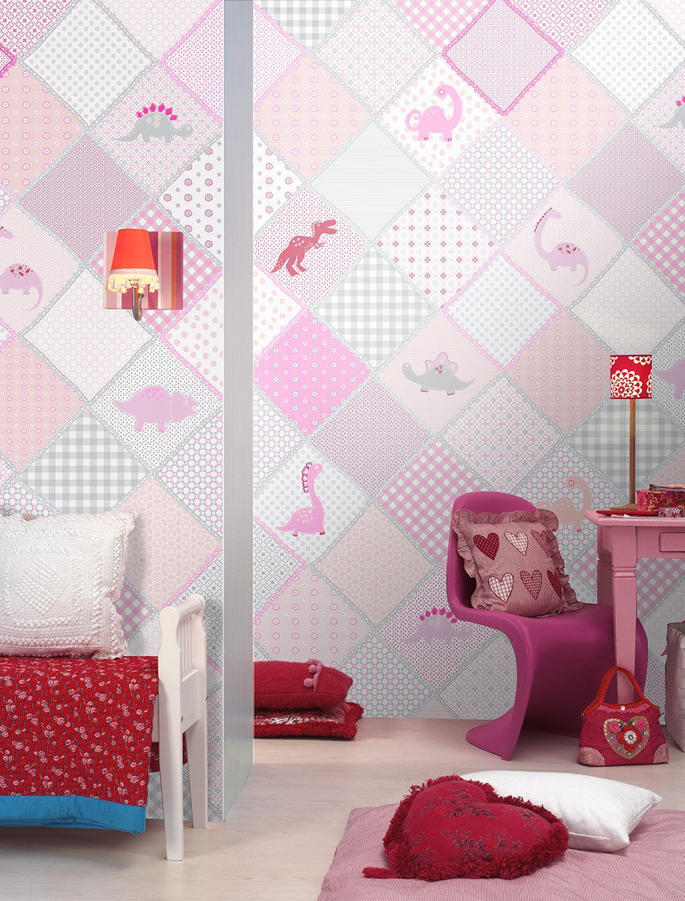 Behang met dino patroon roze