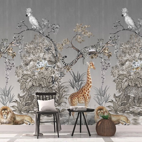 Dieren behang lichtgrijs
