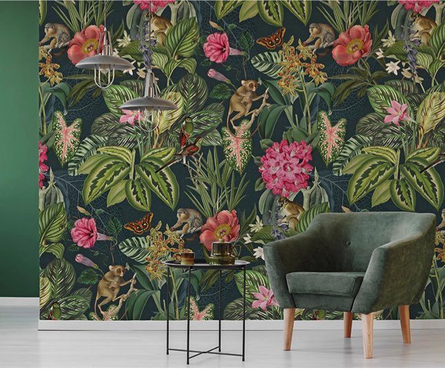 Donker groen planten behang