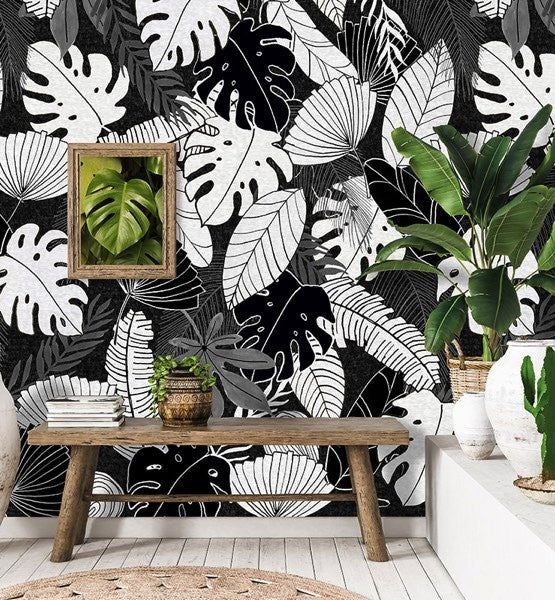 Junglebladeren behang zwart & wit