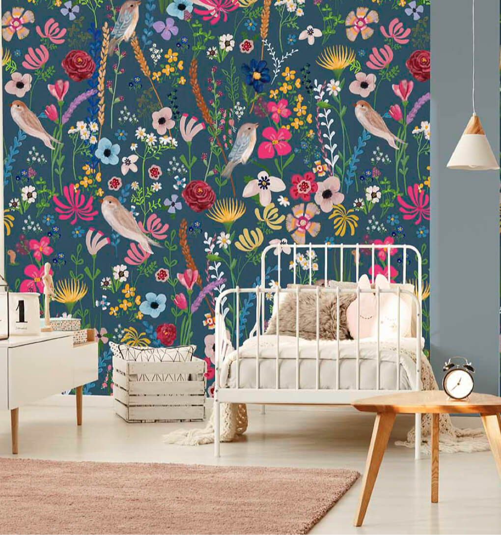 Kinderbehang bloemen blauw