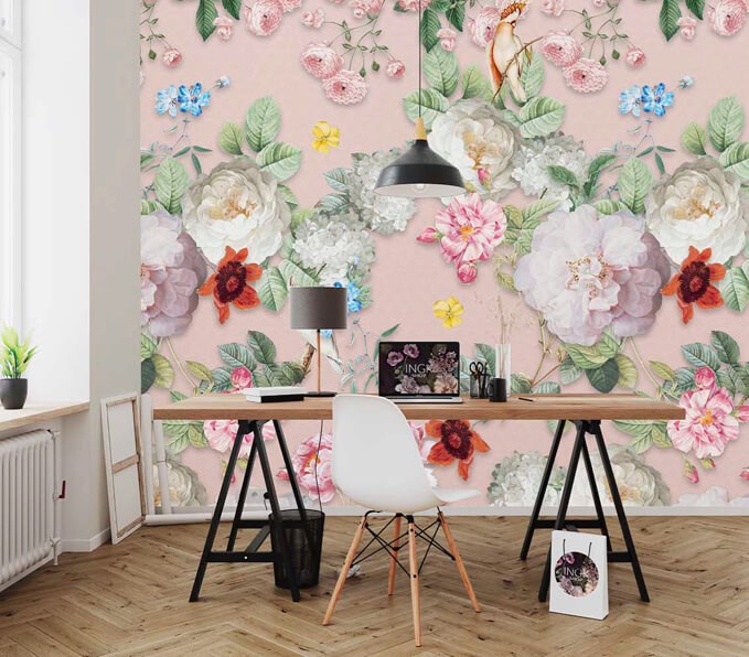 Roze bloemen behang