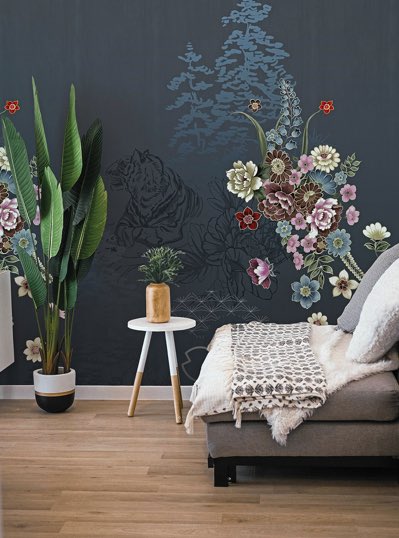 Donkerblauw tijger behang