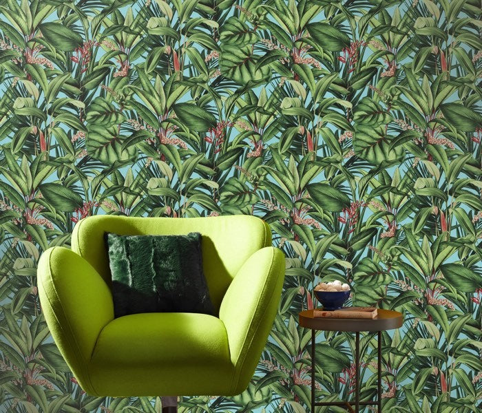 Tropische planten behang blauw