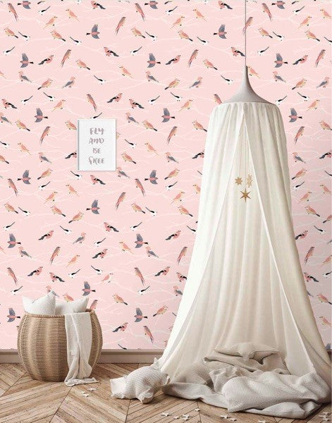 Vogeltjes behang roze