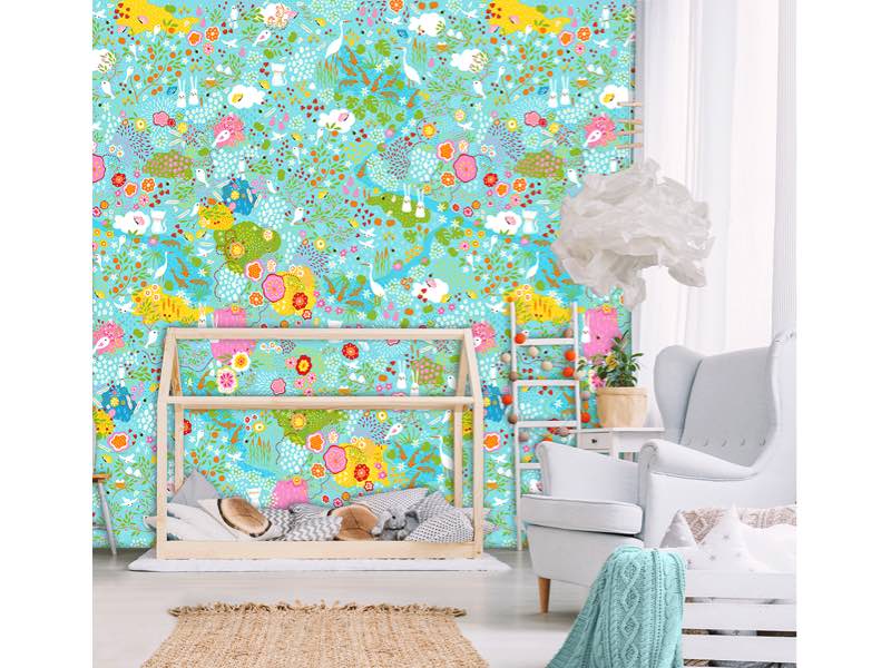 Vrolijk dieren & bloemen behang blauw