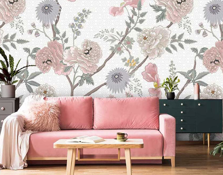 Wit bloemen behang