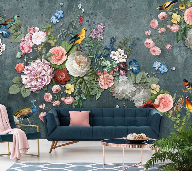 Behang vogels en bloemen donker