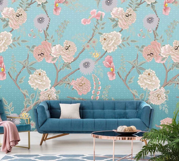 Bloemenbehang blauw
