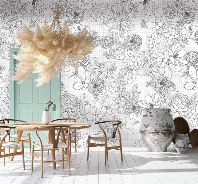 Getekende bloemen behang