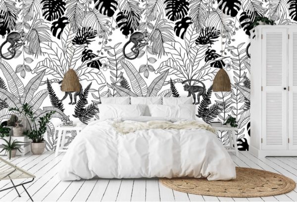Zwart wit oerwoud behang